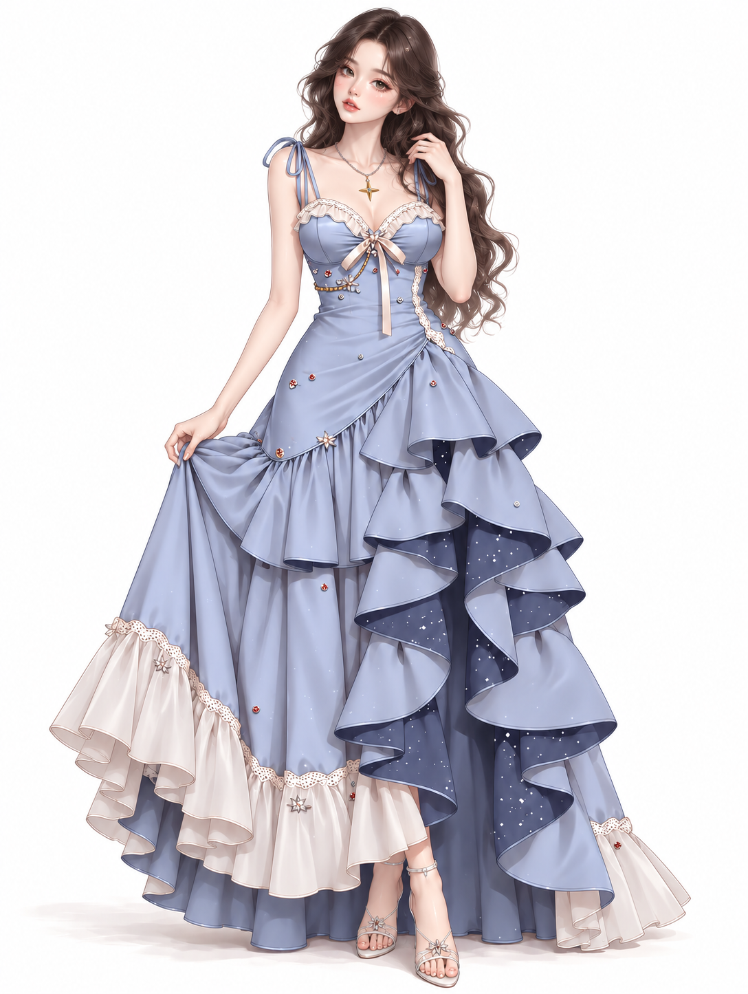 水色の星屑カスケードドレスのサンプルイラスト