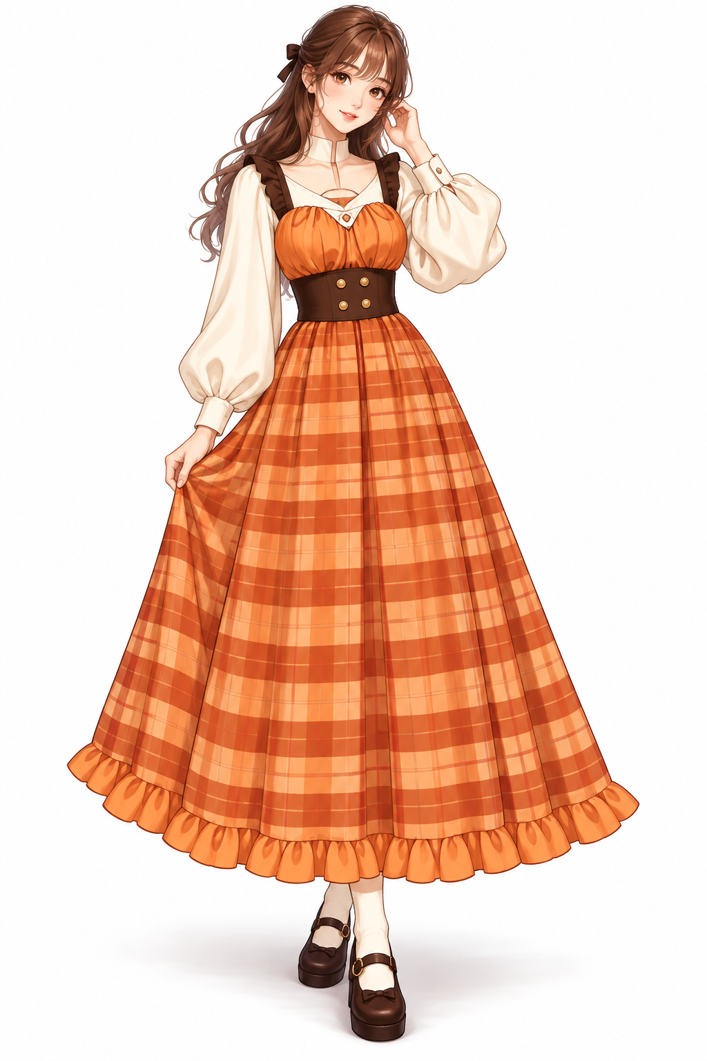 パンプキン色のチェック柄ロングピナフォアと生成りのブラウスを着た成人女性のAI衣装イラスト
