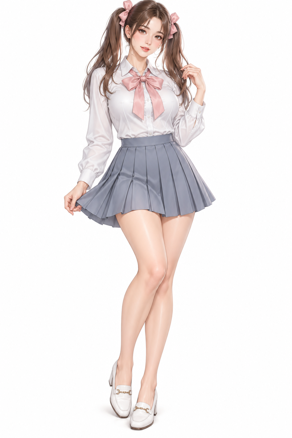 桃リボンのプレッピープリーツの着用例