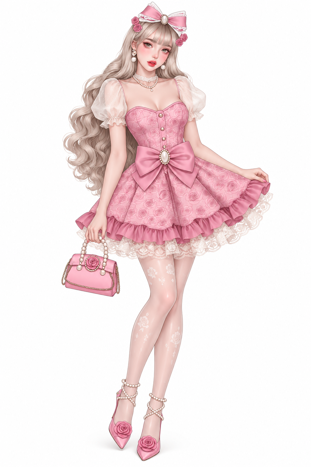 桃薔薇リボンのパフスリーブドレスのサンプルイラスト