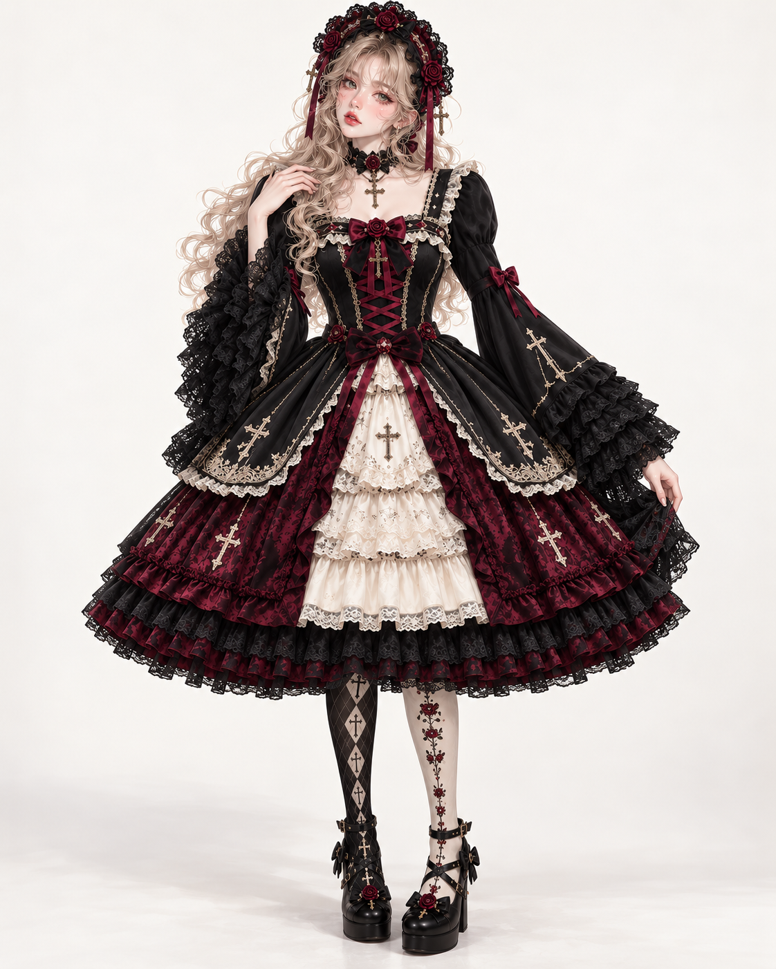 黒と深紅の十字薔薇ロリータの着用例